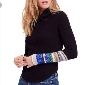 Free People Womens Mixed-Up Cuff Mockneck Pullover Sweater Black Combo M NWT